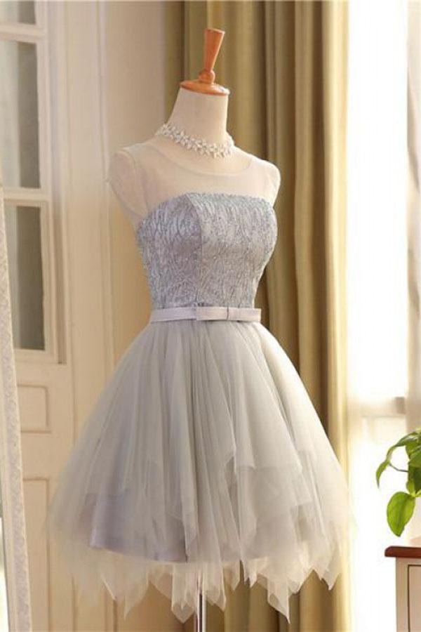 Cute A Line Sleeveless Scoop Short Silver Lace up Tulle Homecoming Dresses with Bowknot WK589