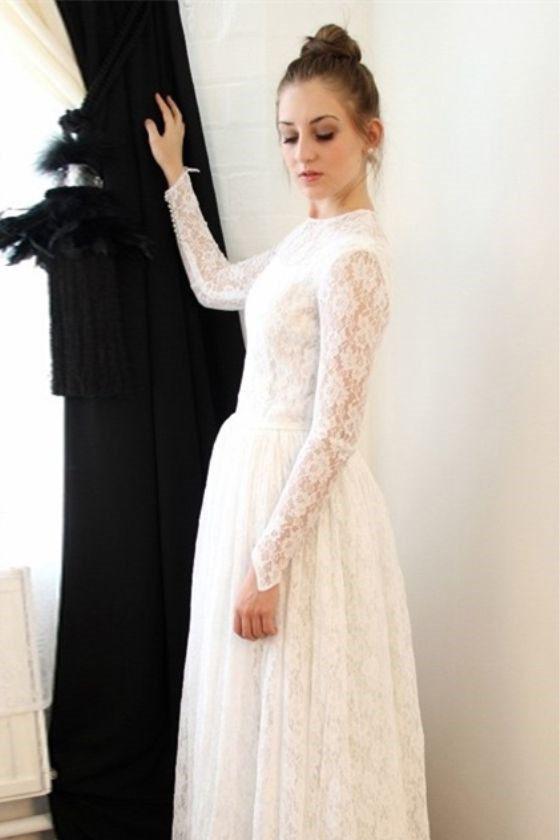 Elegant Princess Long Sleeve A Line Lace High Neck Ivory Long Wedding Dresses WK65