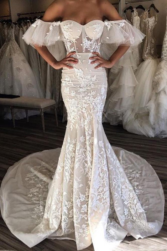 Gorgeous Mermaid Off the Shoulder Sweetheart Open Back Ivory Lace Wedding Dresses WK975