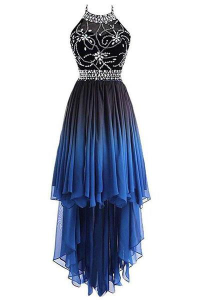 A Line Halter Beaded Blue High Low Chiffon Ombre Lace up Long Prom Dresses WK303