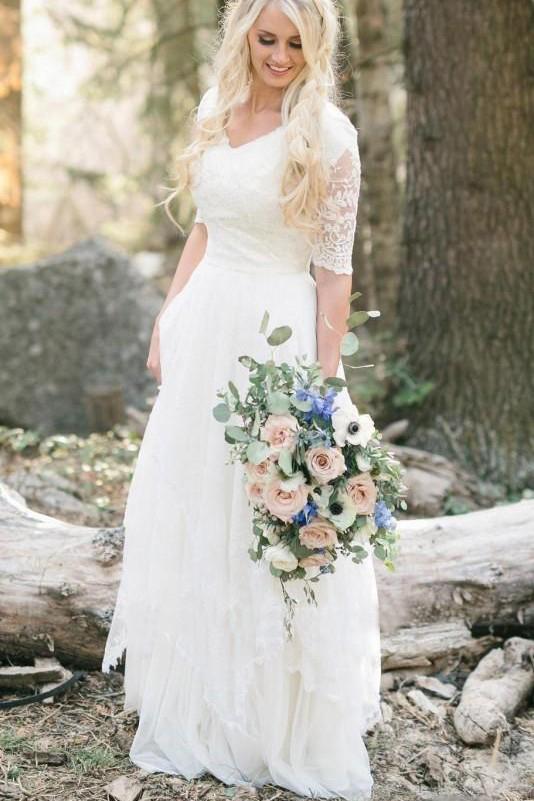 Bohemian Forest A Line V Neck Half Sleeves Sweetheart Lace Chiffon Wedding Dresses WK273