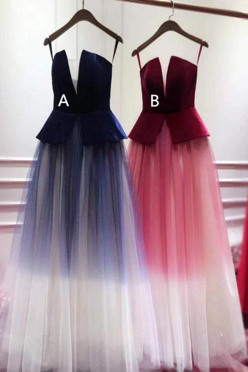 A Line Ombre Blue Tulle Long Prom Dress, Unique New Style Strapless Evening Dress PW840