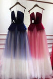 A Line Ombre Blue Tulle Long Prom Dress, Unique New Style Strapless Evening Dress PW840