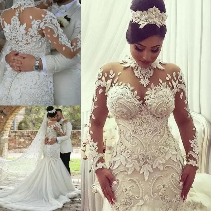 Luxury Crystal Beaded Appliques Mermaid High Neck Long Sleeves Wedding Gowns WK234