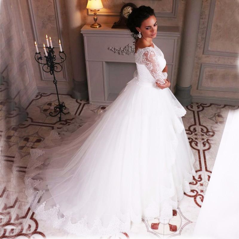 Ball Gown Lace Tulle 3/4 Sleeves Scoop White Lace up Wedding Gowns Wedding Dresses WK309