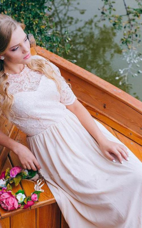 A Line Half Sleeve Lace Chiffon Ankle Length Prom Dress with Jewel Neckline WK274