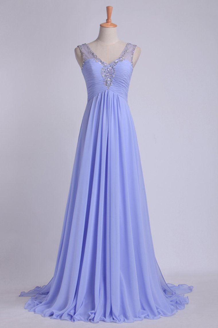 V Neckline And Deep V Back Chiffon Long A Line Prom Dress With Beaded Tulle Straps