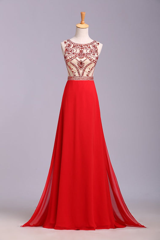 Hot Selling Scoop A Line Full Length Prom Dress Beaded Tulle Bodice With Chiffon Skirt Ready To Ship