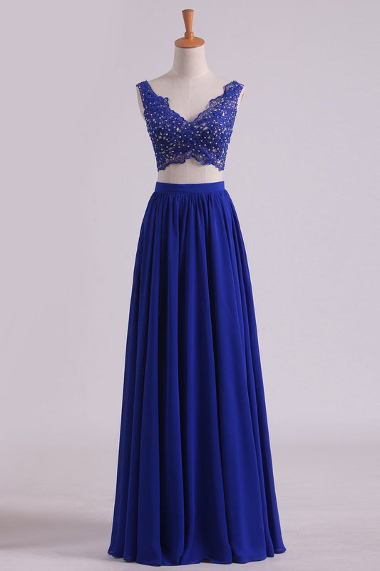 Two-Piece Straps Chiffon With Applique And Beads Prom Dresses
