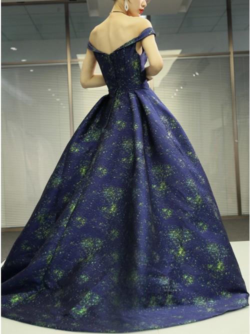 A Line Off the Shoulder Long Navy Blue Prom Dress with Printed Cheap Evening Dresses WK847
