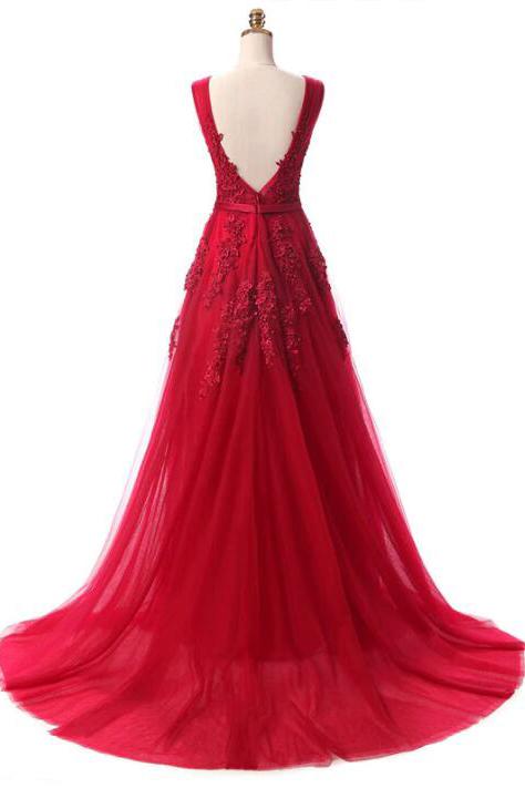 Elegant A Line Tulle Lace Appliques V Neck Backless Beads Red Long Prom Dresses WK41