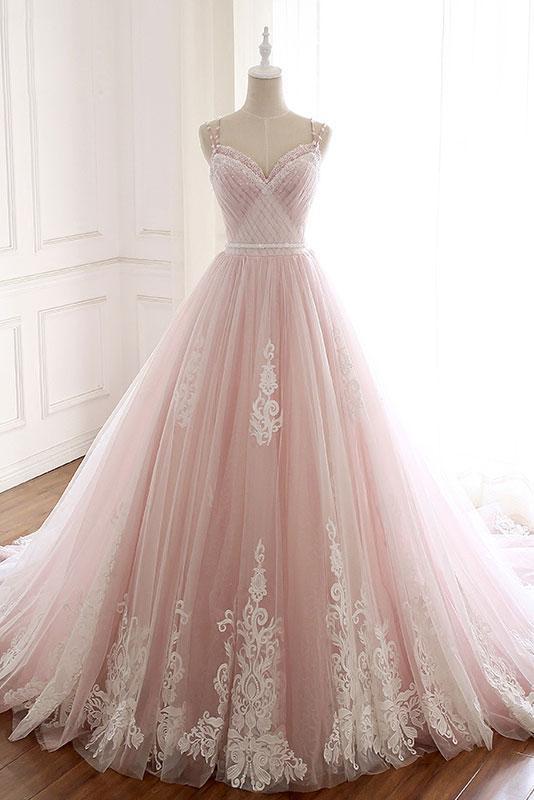 Unique A Line Pink Sweetheart Tulle Spaghetti Straps Long Lace Prom Dresses uk PW219