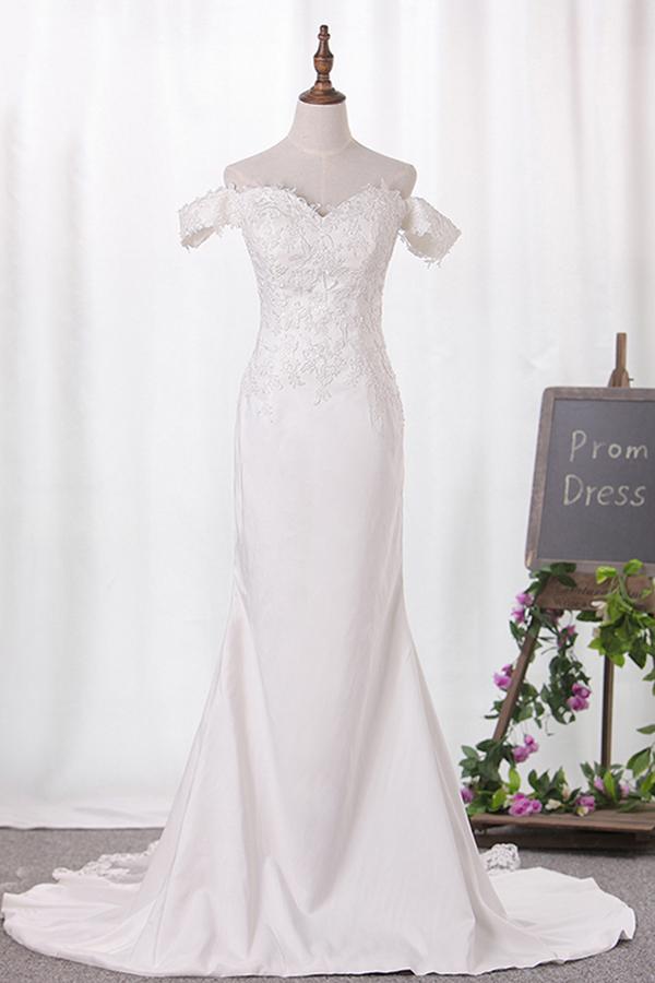 Elegant Mermaid Off the Shoulder Sweetheart Lace Appliques Satin Wedding Dresses WK816