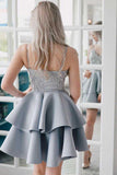 A Line V Neck Backless Satin Beaded Grey Spaghetti Straps Lace Homecoming Dresses WK921