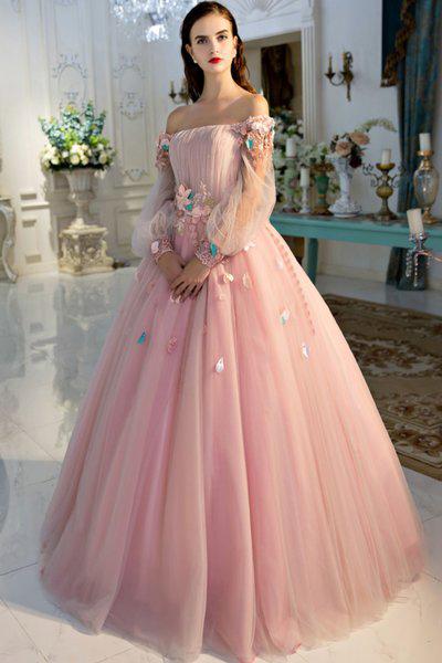 A Line Long Sleeve Pearl Pink Ball Gown Off the Shoulder Long Floral Fairy Prom Dresses WK261