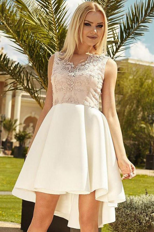 Cute Mini A Line Ivory High Low V Neck Lace Appliques Satin Homecoming Dresses WK994