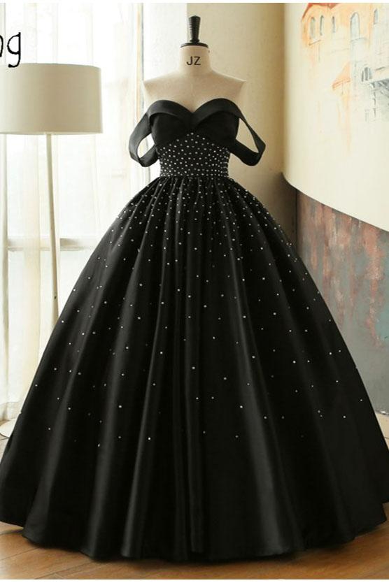 Ball Gown Black Sweetheart Off the Shoulder Satin Beading Prom Quinceanera Dresses WK67