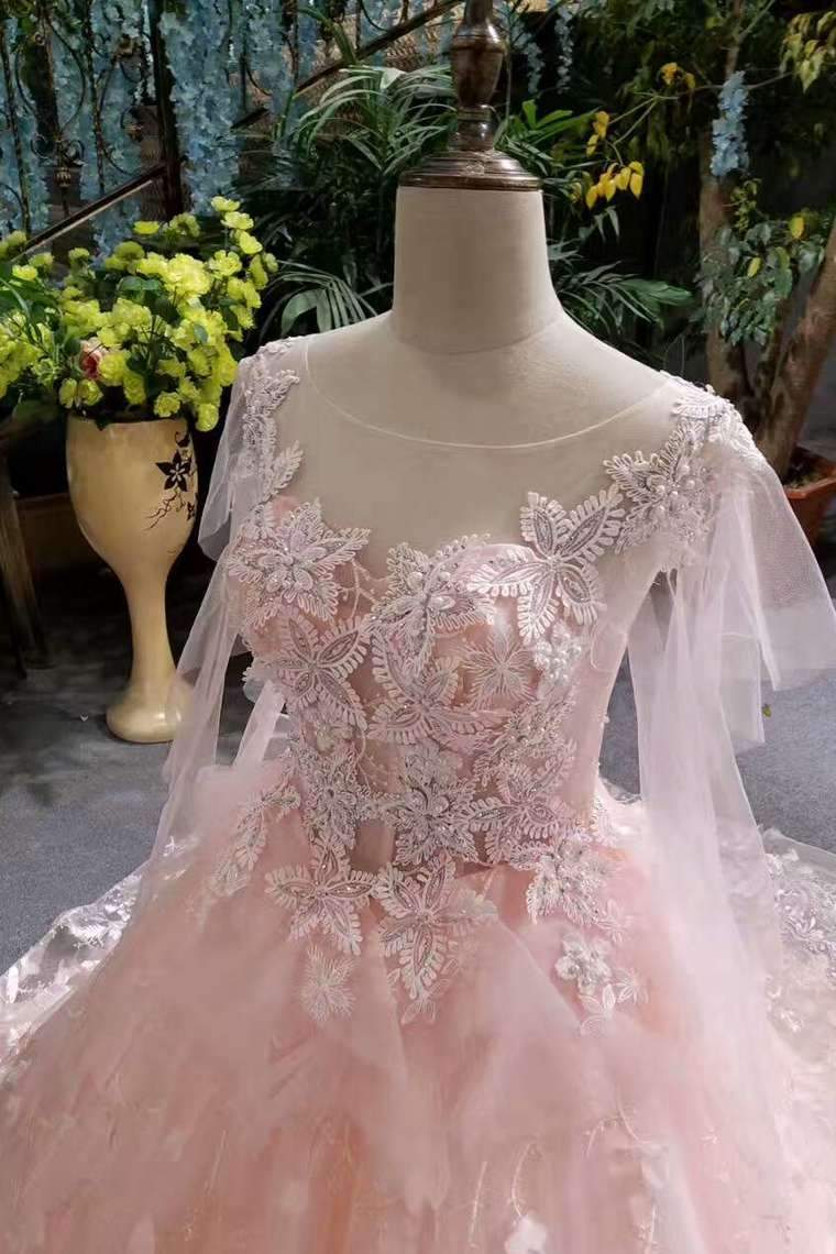 New Arrival Pink Wedding Dresses Lace Up With Appliques A-Line Scoop Neck