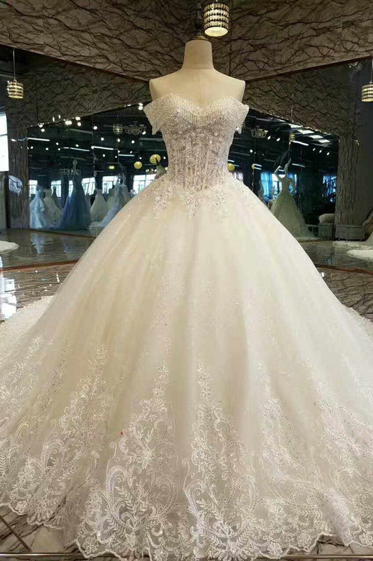 New Arrival Awesome Wedding Dresses Off The Shoulder A Line With Crystals Royal Train Tulle Lace Up