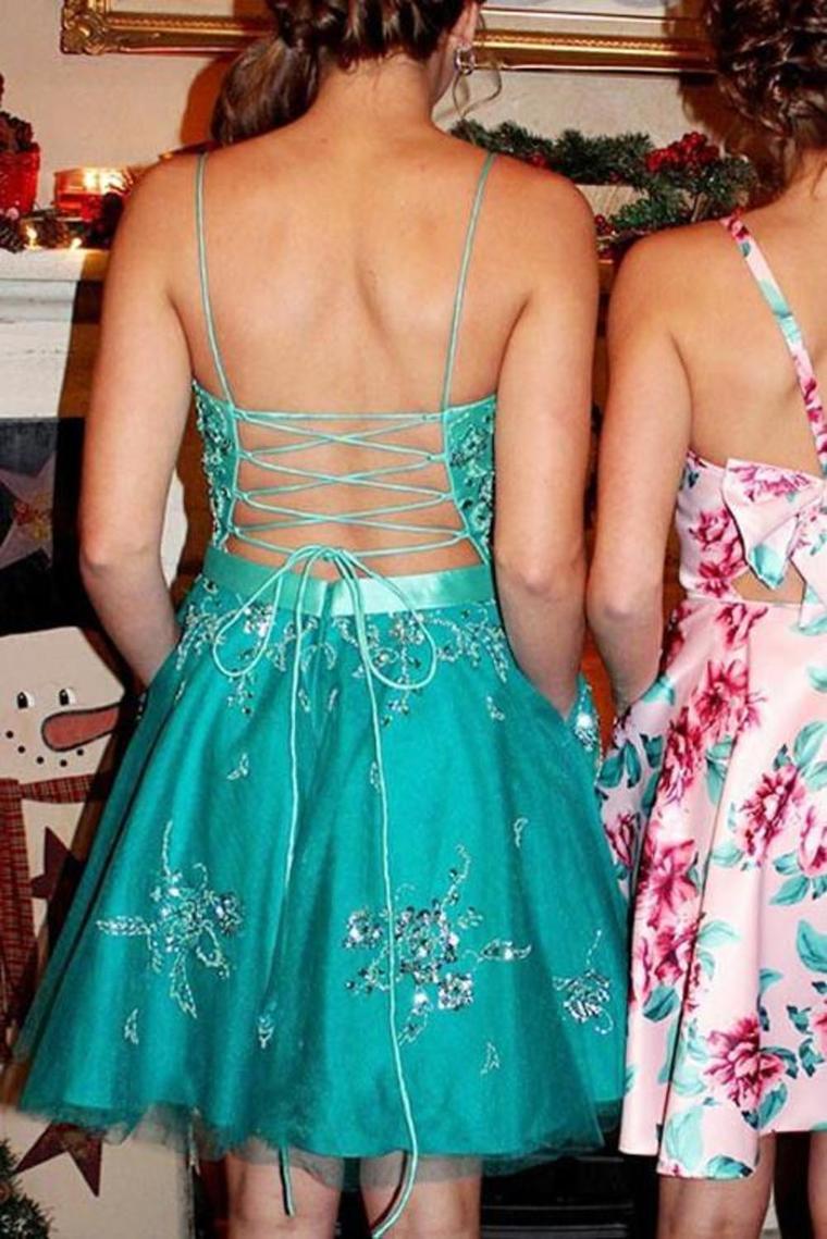 A Line Spaghetti Straps Appliques Homecoming Dress