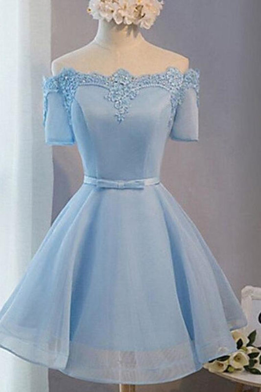 A-Line Boat Neck Homecoming Dresses Organza With Appliques Lace Up