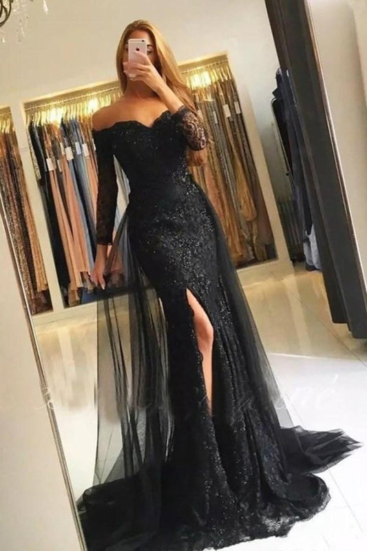 Trumpet/Mermaid Long Sleeves Off-The-Shoulder Sweep/Brush Train Tulle Lace Evening Dresses