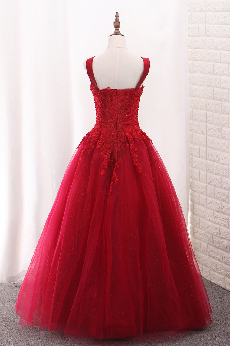 A Line Tulle Straps Prom Dresses With Applique And Beads Floor Length