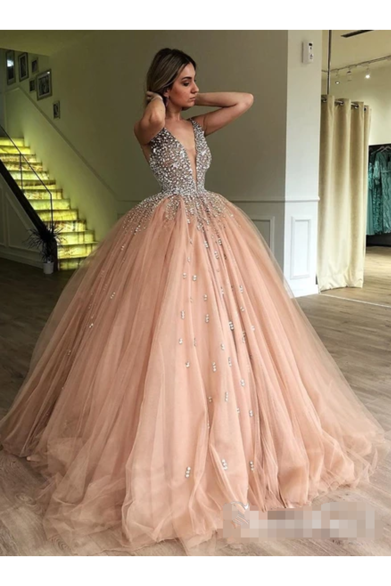 Beaded Tulle Deep Illusion V Neck Ball Gown Prom Dress Floor Length