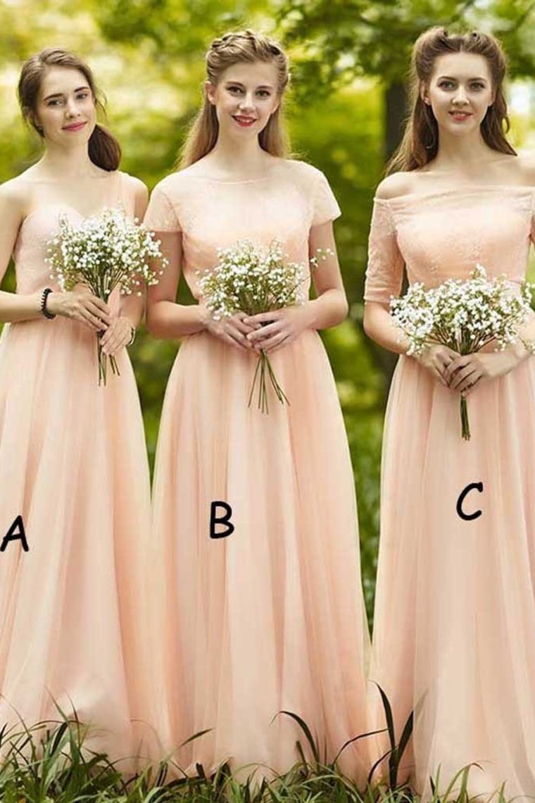 Beautiful Long A-Line Pink Elegant A-Line Lace Tulle Bridesmaid Dresses