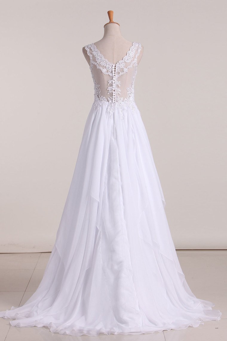 A Line Straps With Applique Wedding Dresses Chiffon Sweep Train