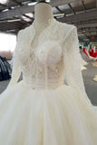 Ball Gown Wedding Dresses  High Neck Long Sleeves Royal Train Tulle With Beading