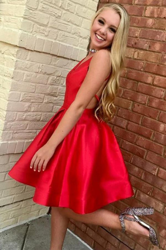 A-Line V-Neck Open Back Short Mini Red Satin Knee Length Homecoming Dresses WK662