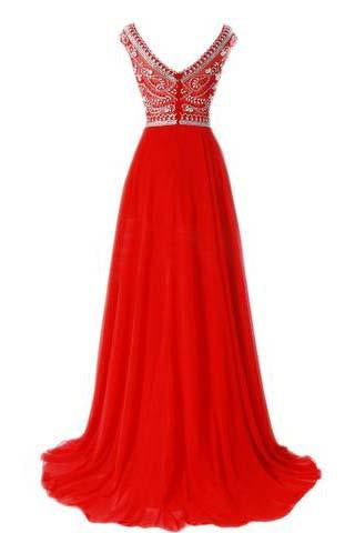 Red Long Chiffon Silver Beaded Chiffon Gown With Cap Sleeves Burgundy Prom Dresses WK766