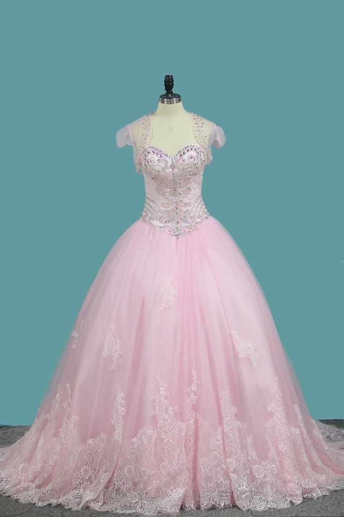 Sweetheart Ball Gown Quinceanera Dresses Applique And Beading Sweep Train