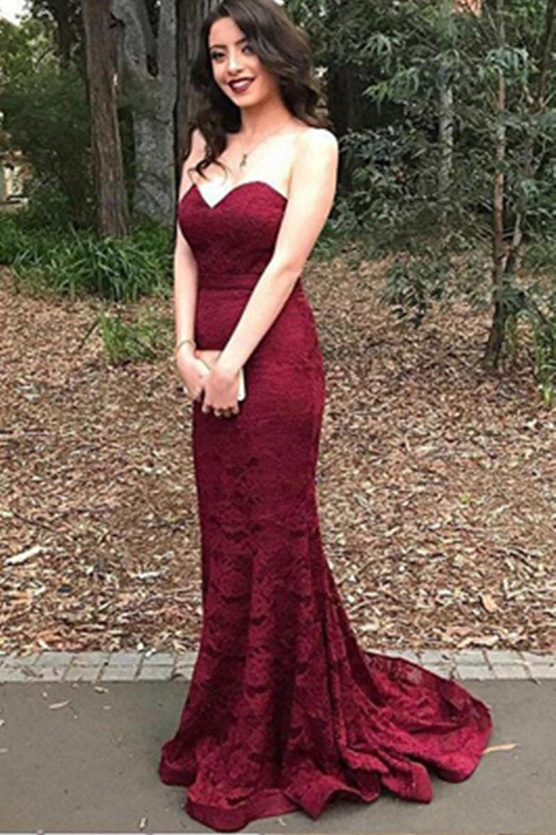 Burgundy Sweetheart Strapless Lace Mermaid Cheap Long Prom Dress Bridesmaid Dresses WK13