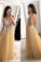 Champagne Tulle Beading A-Line V-Neck  Prom Dresses WIth Sweep Train