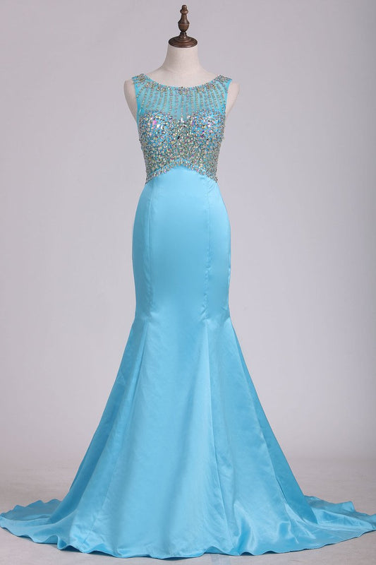 Hot And New Arrival See-Through Scoop Prom Dresses With Beading Sweep Train Satin