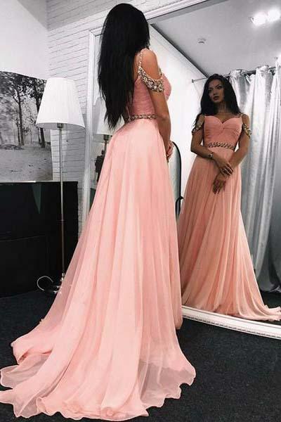 A Line Sweetheart Beads Off the Shoulder Long Chiffon Pink Prom Dresses WK369