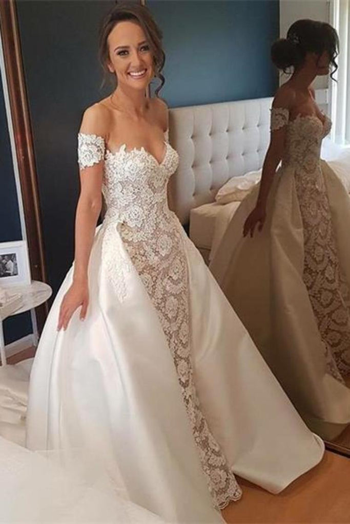 Pretty Of The Shoulder Lace Satin Long Wedding Dresses Wedding Gowns