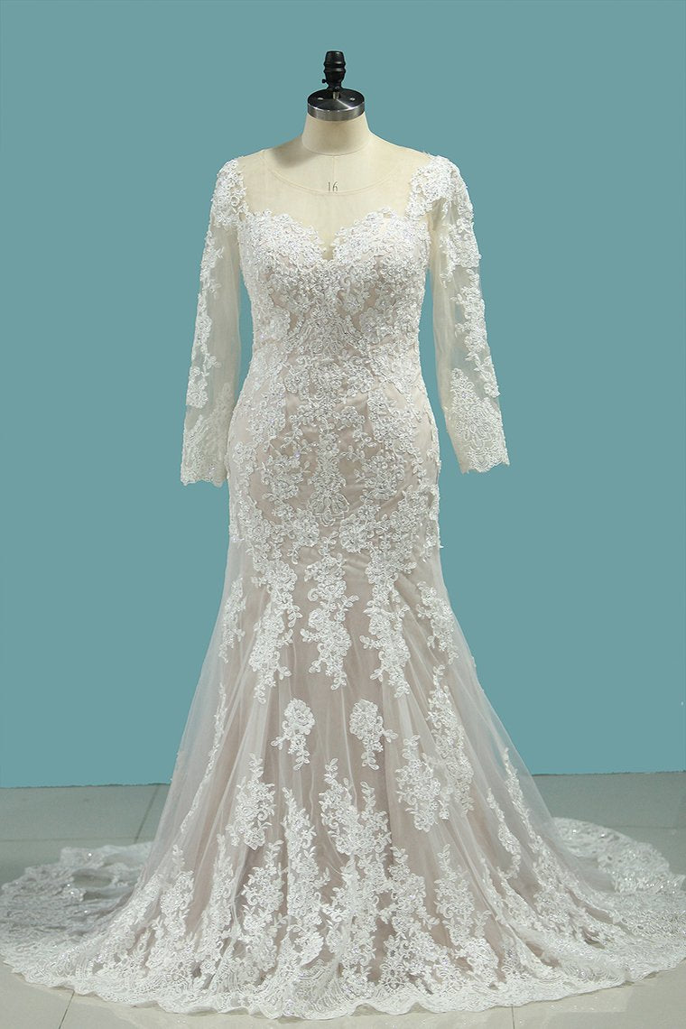 Bateau Wedding Dresses Mermaid Long Sleeve Tulle With Applique Sweep Train