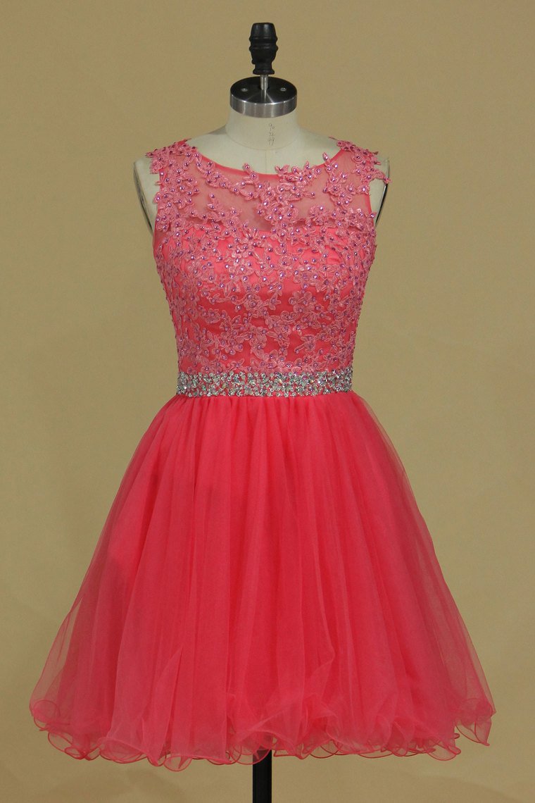 Scoop Homecoming Dresses A Line Tulle With Applique & Beads