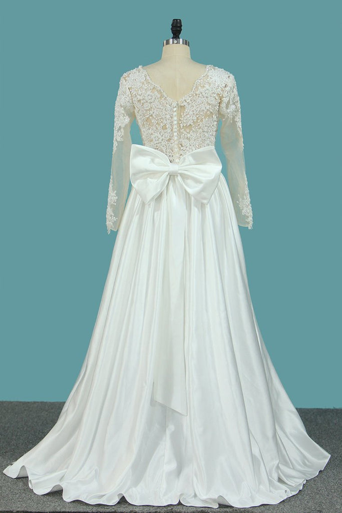 Satin A Line Scoop Long Sleeves Wedding Dresses With Applique And Bow Knot