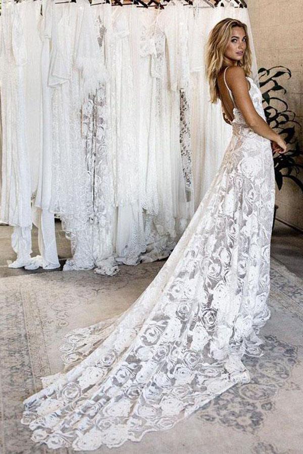 Summer Lace Backless Simple V Neck Ivory Spaghetti Straps Beach Wedding Dresses WK826