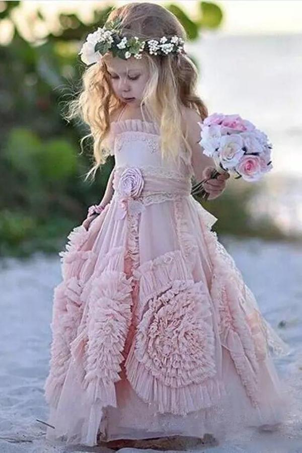 2024 Princess A Line Lovely Long Hand-Made Flower Chiffon Flower Girl Dresses WK672