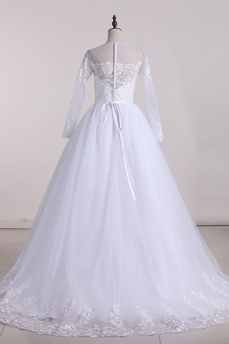 A Line Scoop Long Sleeves Tulle With Applique And Sash Wedding Dresses