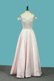 Off The Shoulder Prom Dresses Satin A Line With Beading Floor Length