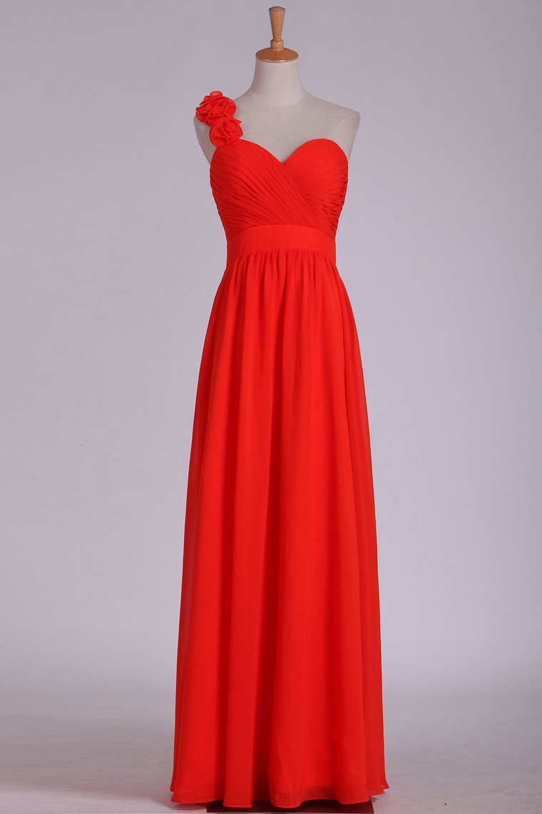 One Shoulder A Line Bridesmaid Dresses With Handmade Flowers & Ruffles Chiffon