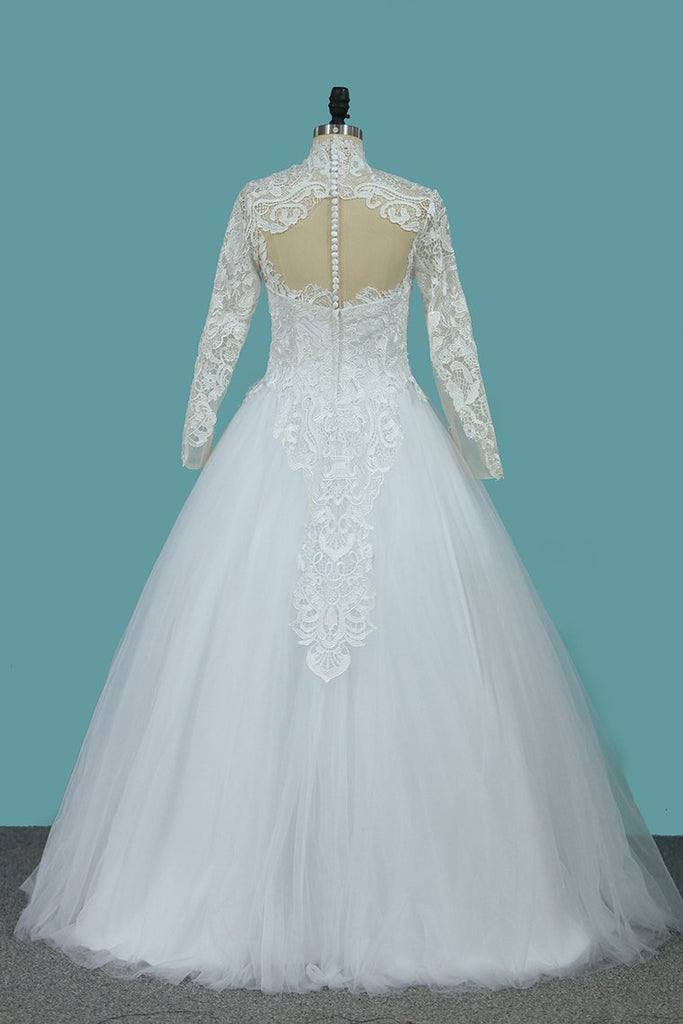 2022 A Line Long Sleeves High Neck Tulle With Applique Chapel Train Detachable Wedding Dresses