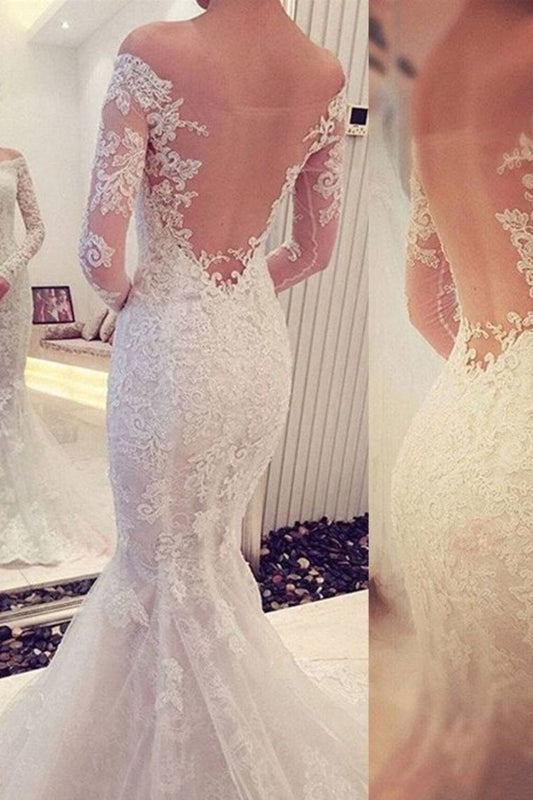 Elegant Mermaid Wedding Dresses Off The Shoulder With Appliques Long Sleeves Zipper Up