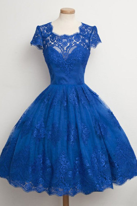 Scoop Short Sleeves Homecoming Dresses A Line With Applique Lace